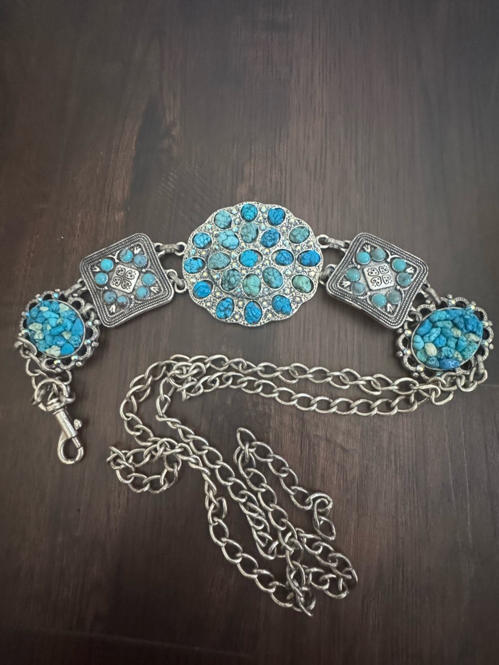 Turquoise Concho Belt Silver Tone Western Boho Large Medallions Heavyweight
